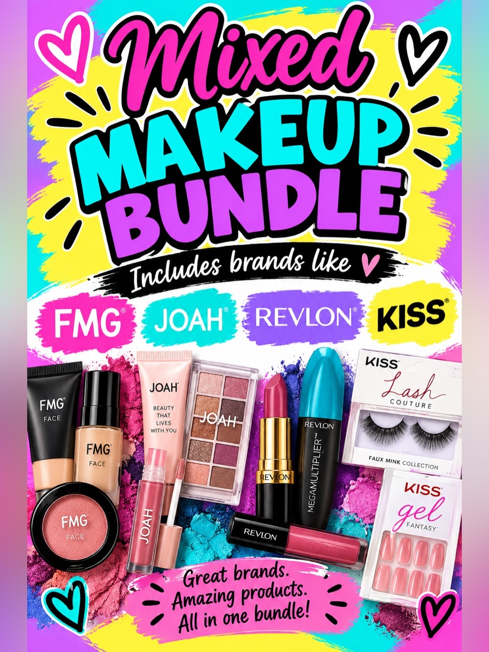 Mixed Makeup Bundle – Pink & Teal Accents by FMG • JOAH • Revlon • Kiss